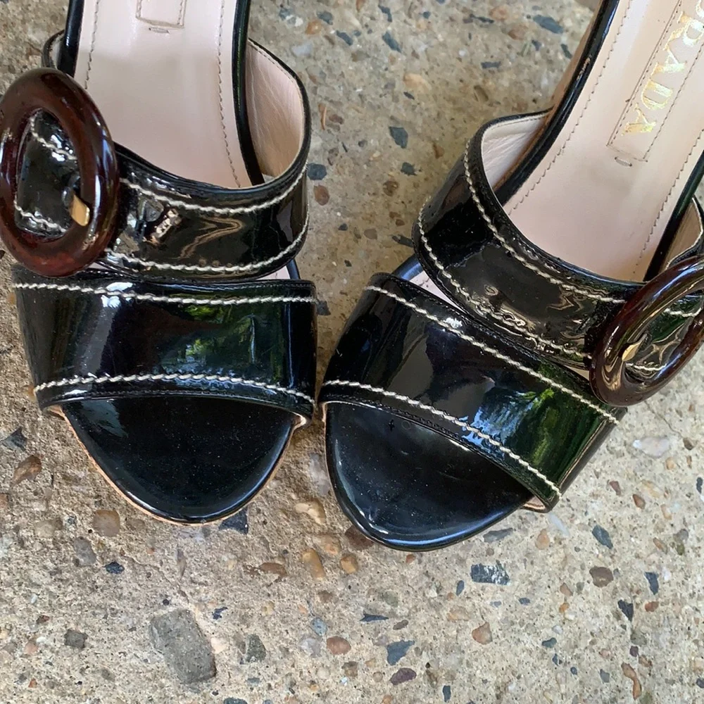 Prada Black Patent Leather Platform Sandals with Brown Buckle